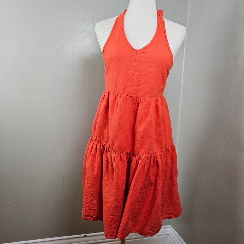 American Eagle Tiered Halter Tie Mini Dress Sz M Orange‎ Sleeveless Sundress
